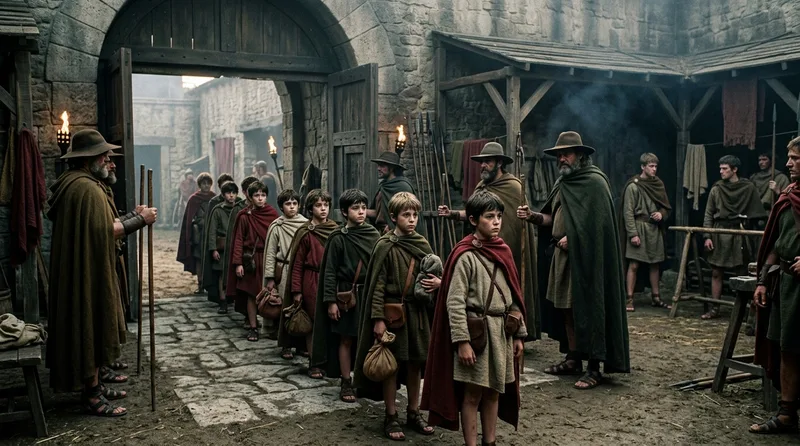 The Agoge: Seven-Year-Olds Entering Military Barracks - Historical illustration